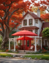 Cozy miniature house sheltered under a large red umbrella , warm glow, rain, shelter