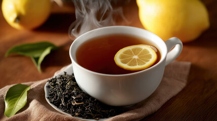 steaming cup of tea with lemon slice and loose leaf tea