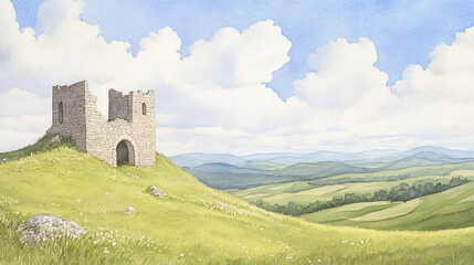 Ruined Tower in a Lush Valley Landscape