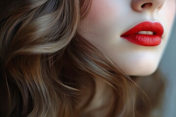 Naklejka premium Beautiful woman with long brown hair and red lipstick, hair styled in elegant waves, beauty salon advertisement banner background with copy space for text.