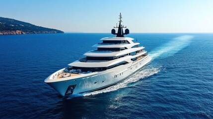 A luxurious yacht glides through calm blue waters, showcasing sleek design against a picturesque coastal backdrop under clear skies.