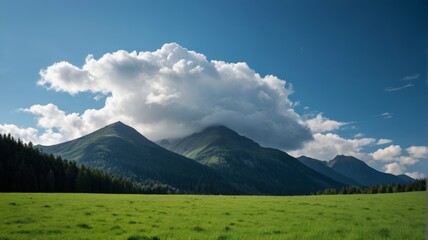 mountains with a cloud in the sky and a field of grass