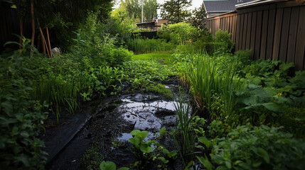 Overgrown suburban garden with stagnant water and weeds