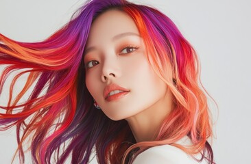 model with long, vibrant purple and red hair, styled in colorful waves that frame her face, showcasing the beauty of hair color design for a professional photoshoot.