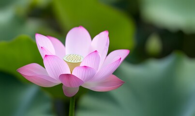 Obraz premium A pink lotus flower blooms, with a green leaf background, Generative AI