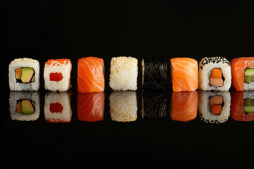 Set of various maki and nigiri sushi on black background