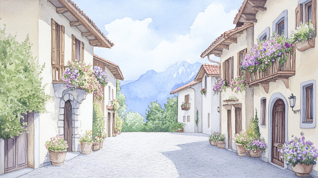 Fototapeta Charming European Village Watercolor Painting