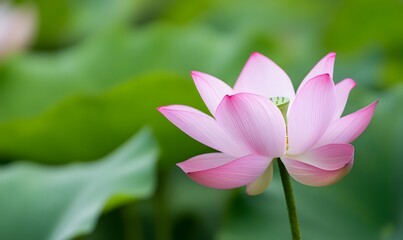 A pink lotus flower blooms, with a green leaf background, Generative AI