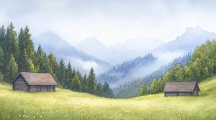 Misty Mountain Valley with Wooden Cabins