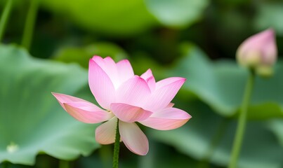 Fototapeta premium A pink lotus flower blooms, with a green leaf background, Generative AI
