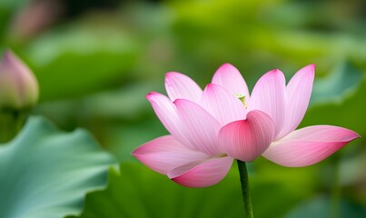 Obraz premium A pink lotus flower blooms, with a green leaf background, Generative AI