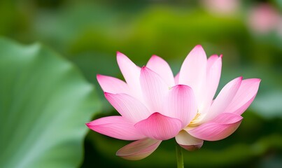 A pink lotus flower blooms, with a green leaf background, Generative AI