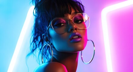 beautiful woman with large hoop earrings and bold makeup is illuminated by neon lights in shades of blue, pink, and purple