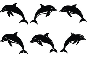 Obraz premium Dolphin jump silhouettes, playful dolphins silhouette vector set