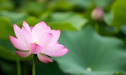 Fototapeta premium A pink lotus flower blooms, with a green leaf background, Generative AI