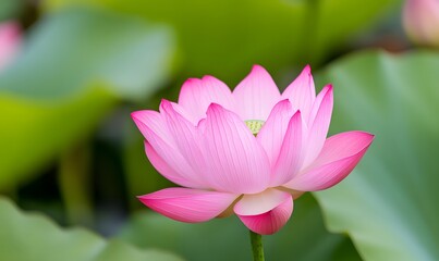 Obraz premium A pink lotus flower blooms, with a green leaf background, Generative AI