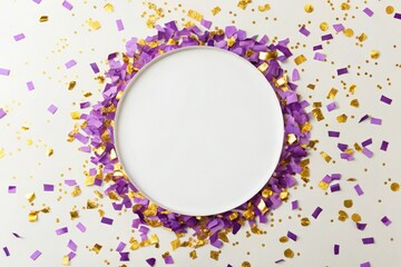 Dazzling purple and gold confetti bursting out of a circular frame, elegant design, lively setting, decorative accent, joyful atmosphere, purple gold confetti