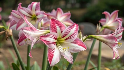 Naklejka premium Deep pink and white striped daffodils, springtime flowers, delicate petals