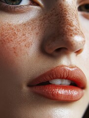 Fototapeta premium Close up of beautiful young woman's face with clear clear skin and beautiful lips with makeup for skin and body care.