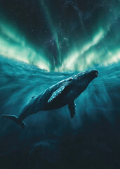 Fototapeta premium Whale swimming under northern lights in a magical ocean setting