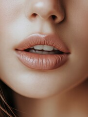 Fototapeta premium Close up of beautiful young woman's face with clear clear skin and beautiful lips with makeup for skin and body care.