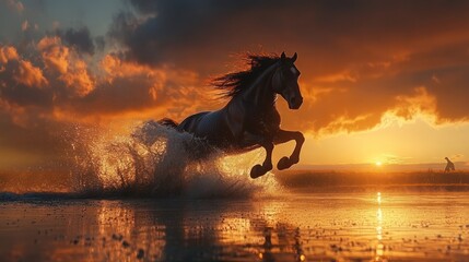 Majestic stallion galloping ocean sunset, beach background; equestrian art
