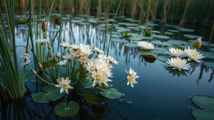 Delicate pastel colored flowers growing in clusters on the surface of a serene pond surrounded by tall reeds and water lilies, foliage, flower blooms