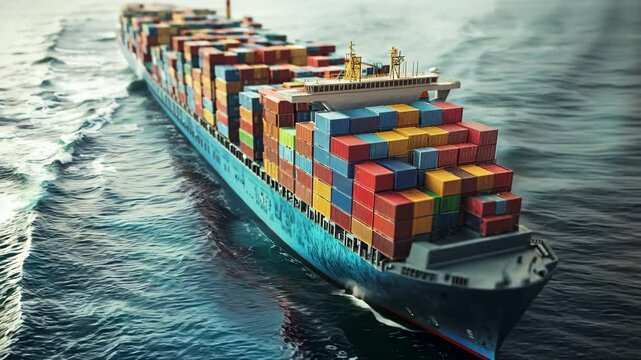 A large cargo ship loaded with colorful containers navigating rough seas, symbolizing the resilience of trade.