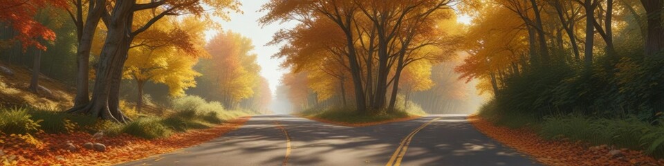 Obraz premium Dense foliage of changing leaves against a warm country road background, nature scenery, autumn forest landscape