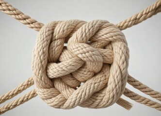 Fototapeta premium Dense hemp rope square knot on a pristine white background , natural fiber, artisanal, fabric