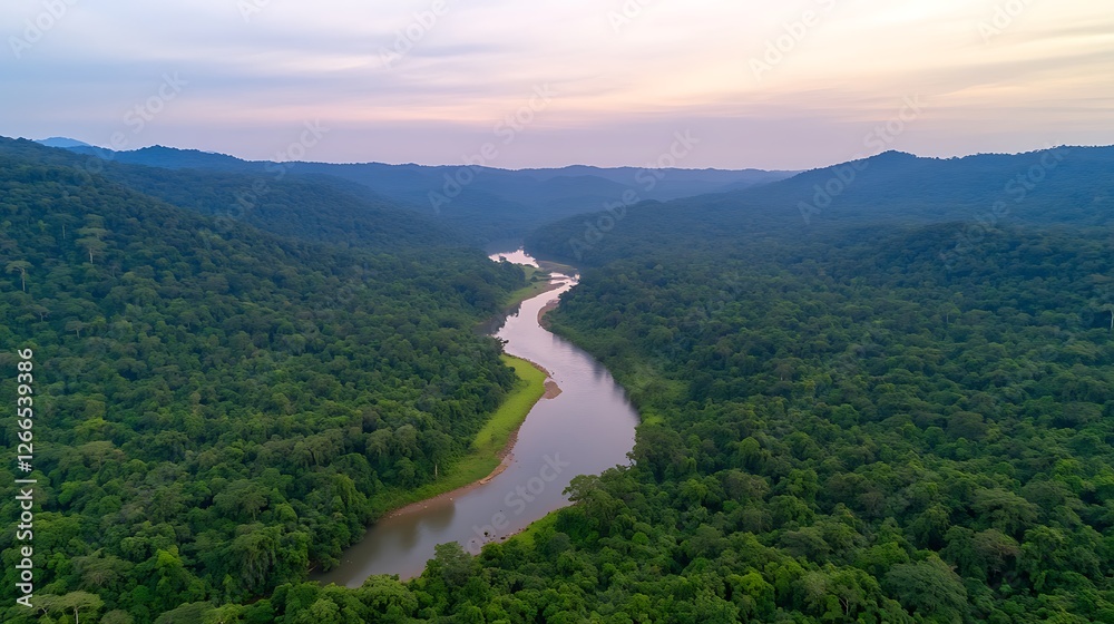 Poster River flows valley, surrounded forests, sky is clear; for tourism, conservation, environment