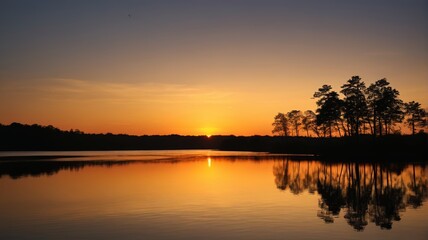 Fototapeta premium arafed view of a lake with trees and a sunset in the background