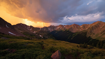 thunderstorm over mountain range with dramatic lightning