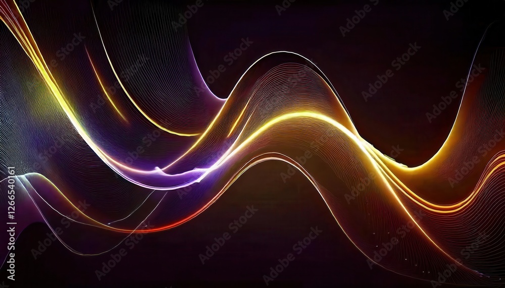 Poster glowing abstract sound wave patterns with colorful gradient lines and light effects for creative designs and digital projects