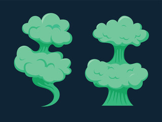 Green smoke clouds puffs, dust explosion, Cartoon rotten smell clouds