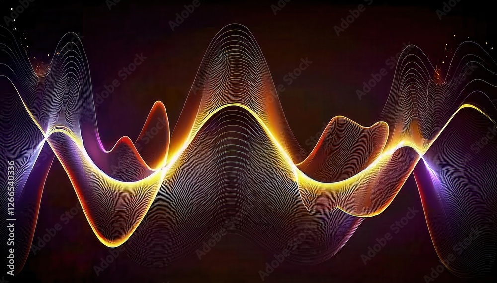 Poster glowing abstract sound wave patterns with colorful gradient lines and light effects for creative designs and digital projects