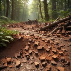 Fototapeta premium Earthy tone coco peat flakes scattered on the forest floor, soil health booster, nutrient dense