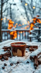 Warm melted chocolate on a snow-covered wooden table, chocolate, evening