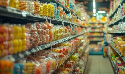 Blurred background of a supermarket store with shelves full of colorful products. Abstract blurred view from the aisle in a grocery shop