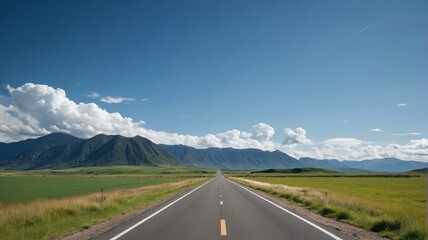 Naklejka premium arafed road with mountains in the distance and a yellow line on the middle