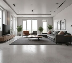 Empty and sleek living area with a focus on modern minimalism, gray walls, empty space, contemporary style