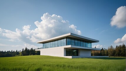Obraz premium there is a large white building with a glass front on a grassy hill