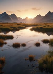 Evening sun casts long shadows across a marsh with a mountain range in the background, late afternoon light, soft focus