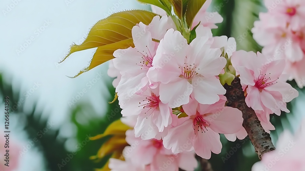 Poster Sakura blooms close-up on a tree with blurry trees behind, perfect for springtime, floral designs