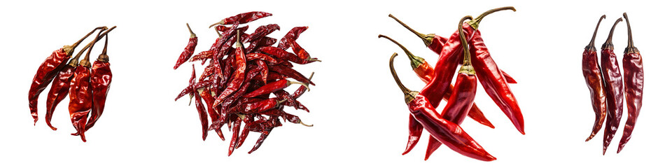 Set of dry red chili peppers isolated on transparent background