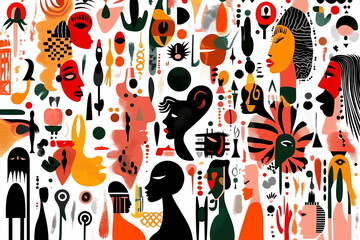 An abstract illustration celebrating Black History Month with bold colors like red, green, yellow, and black. The design features dynamic shapes, fluid patterns, and cultural elements symbolize unity.