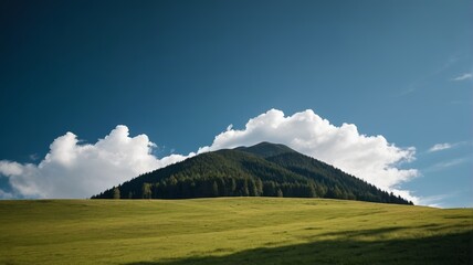 there is a large grassy field with a mountain in the background