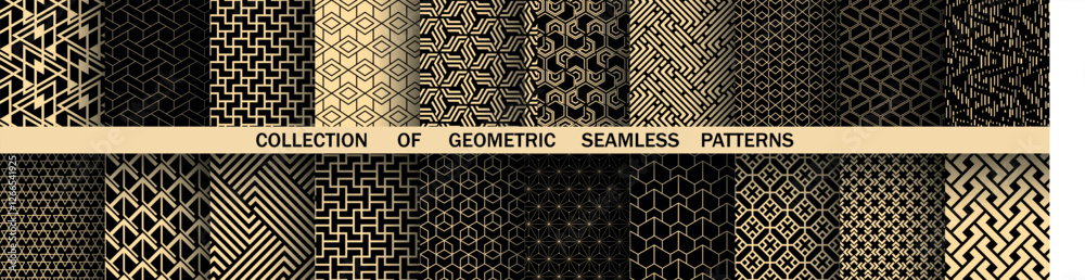Poster Geometric set of seamless black and golden patterns. Simple vector graphics