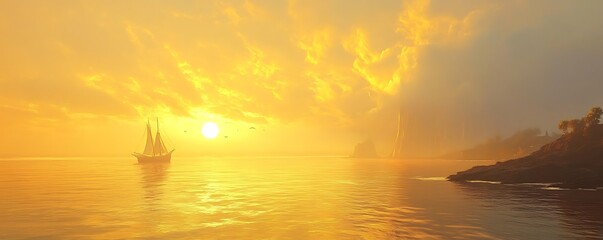 A serene sunset over calm waters, featuring a sailing ship in the distance and warm, orange hues illuminating the sky. A perfect moment of tranquility in nature's beauty.