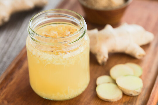 Homemade ginger bug a  fermented starter culture made of sugar, grated ginger and water, used to make homemade ginger ale and beer and other sodas (Selective Focus)